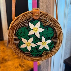 NWT Handcrafted Floral Rattan Bag - Tan and Green